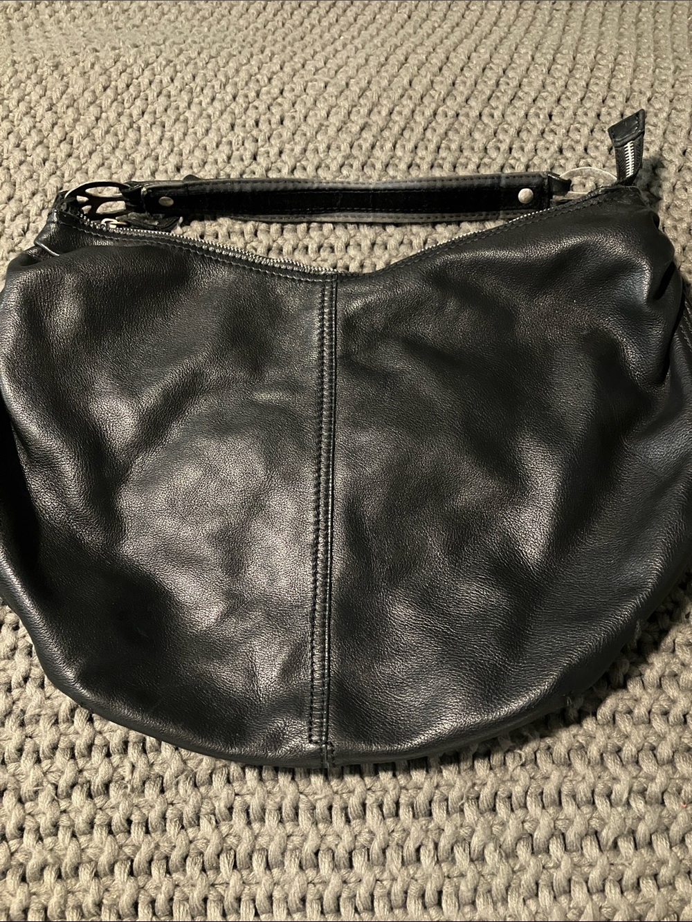 Lucky Brand Black Leather Bag with Silvertone Peace Signs
